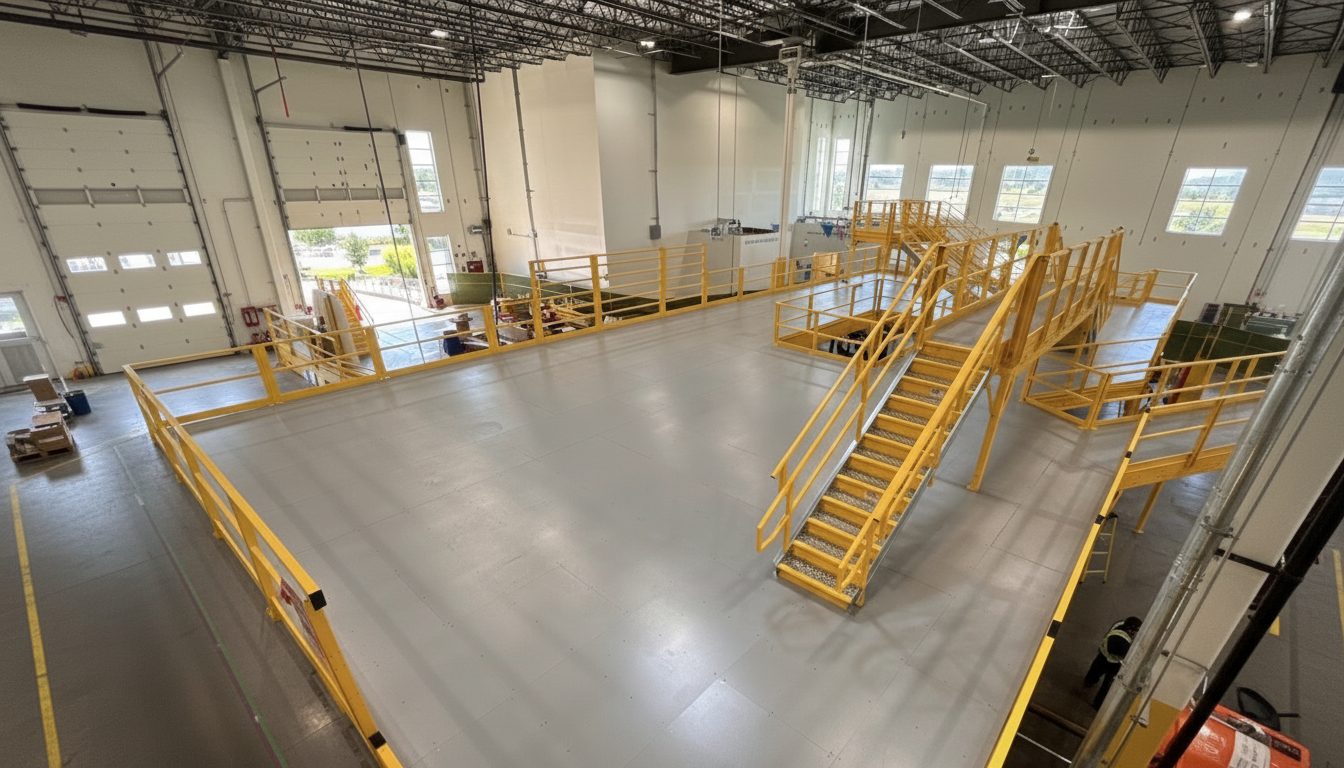 MTLI Group mezzanine platform installation with yellow safety railings